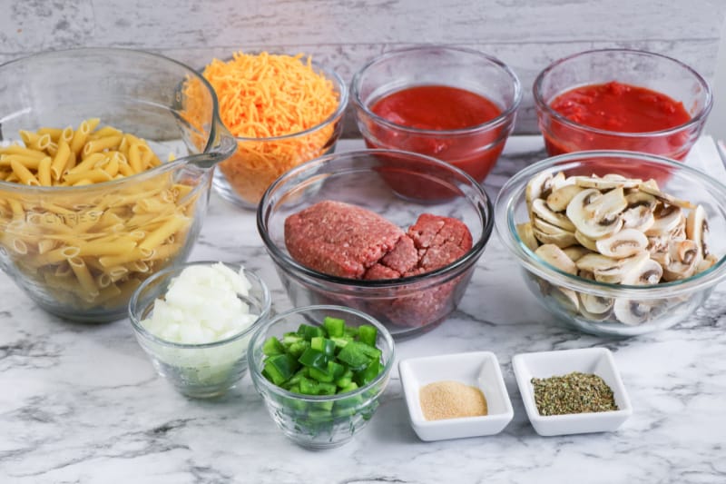 ingredients in clear glass bowls