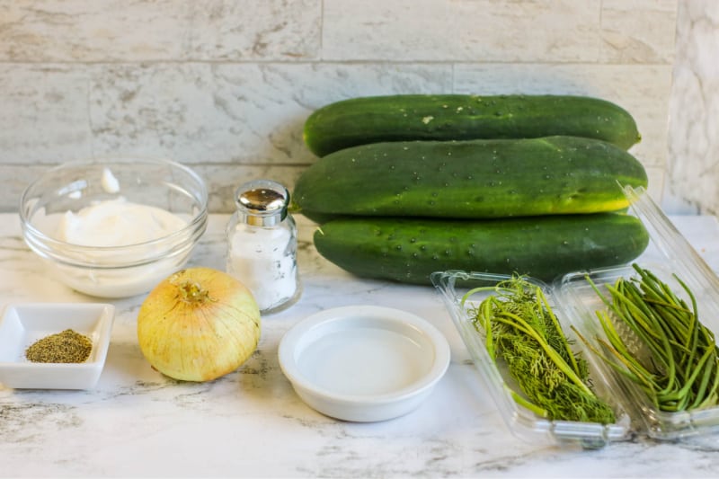cucumbers, onion, mayonnaise and spices on the counter