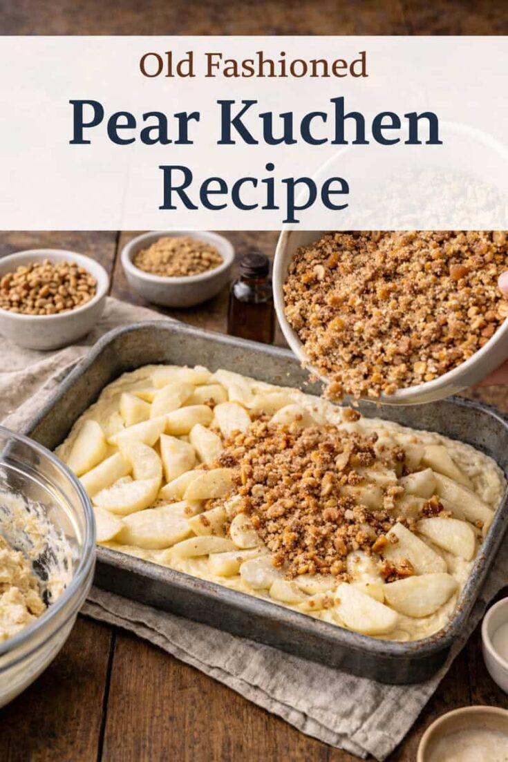 There’s something wonderfully comforting about baking a pear kuchen. This old-fashioned fruit-topped cake has roots in German and Midwestern baking traditions and feels like the kind of dessert you’d find cooling on a grandmother’s counter.