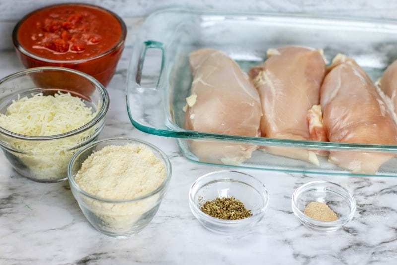 chicken breasts, cheese, sauce and seasonings