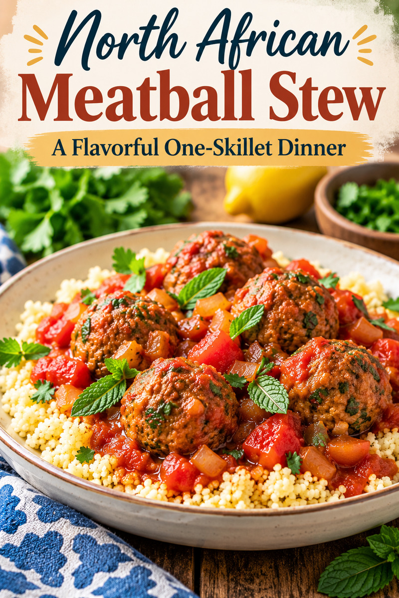 Looking for an easy ground beef dinner with lots of flavor? 🍅 This North African Meatball Stew features tender beef meatballs simmered in a rich tomato sauce with cumin, garlic, cilantro, and fresh mint. Serve it over fluffy couscous for a comforting, flavorful one-skillet dinner that's perfect for busy weeknights. Get the full recipe and cooking tips! #MeatballStew #GroundBeefRecipes #EasyDinnerIdeas #OneSkilletMeals #CouscousRecipes