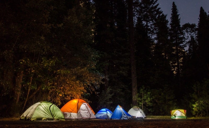 tents in a dark field with trees