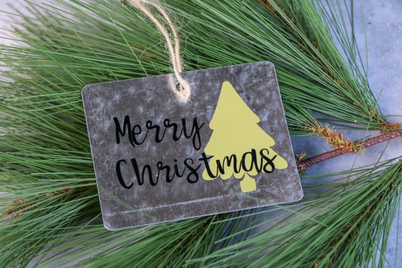 galvanized Christmas tag on a green tree branch
