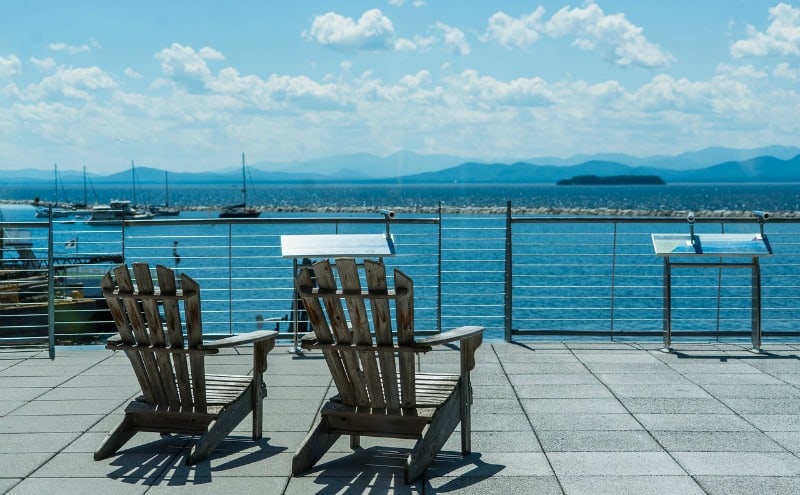 chairs on deck looking out over Lake Champlain