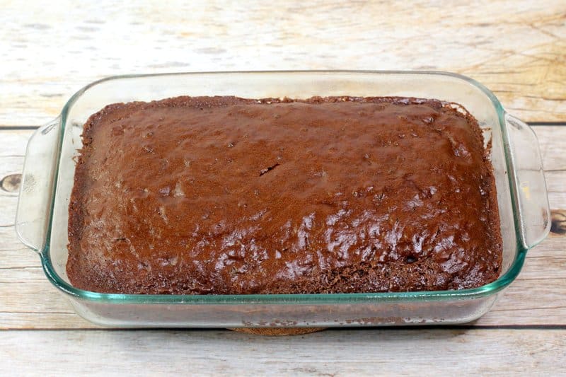 a chocolate cake in a baking pan