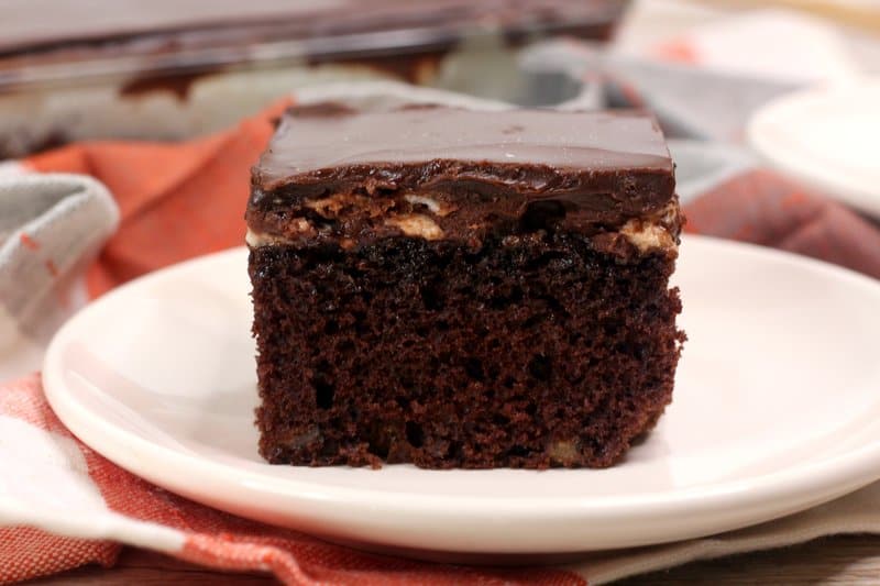 Mississippi mud cake recipe on a white plate
