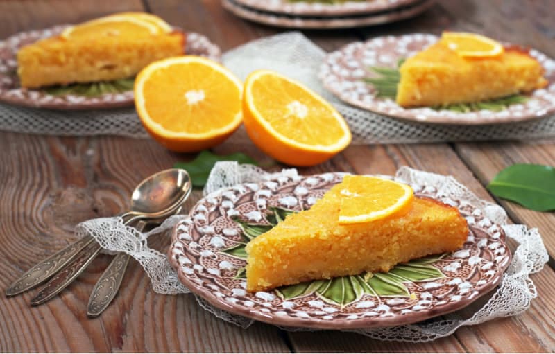 Lemon rosemary polenta cake on pretty plates