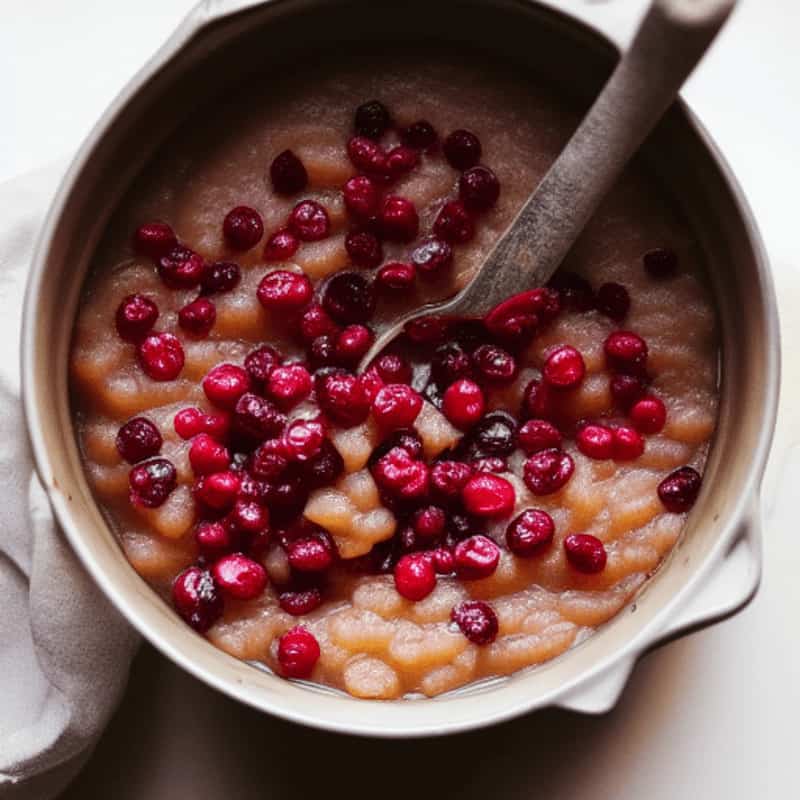 a pot with applesauce and cranberries in it