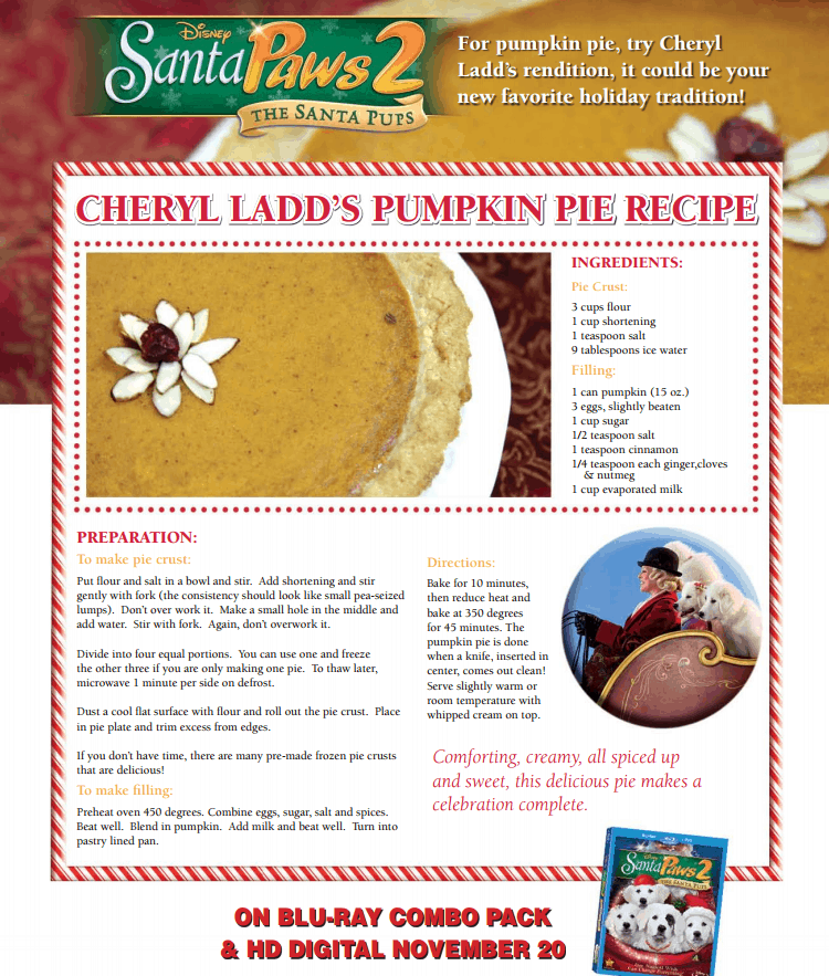 Celebrity holiday recipes: Cheryl Ladd's Pumpkin Pie Recipe