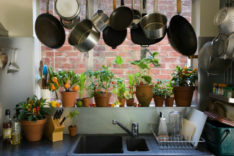 a set of cookware hanging above a sink
