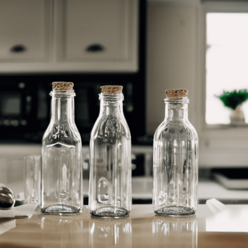 clear glass bottles on the counter in the kitchen