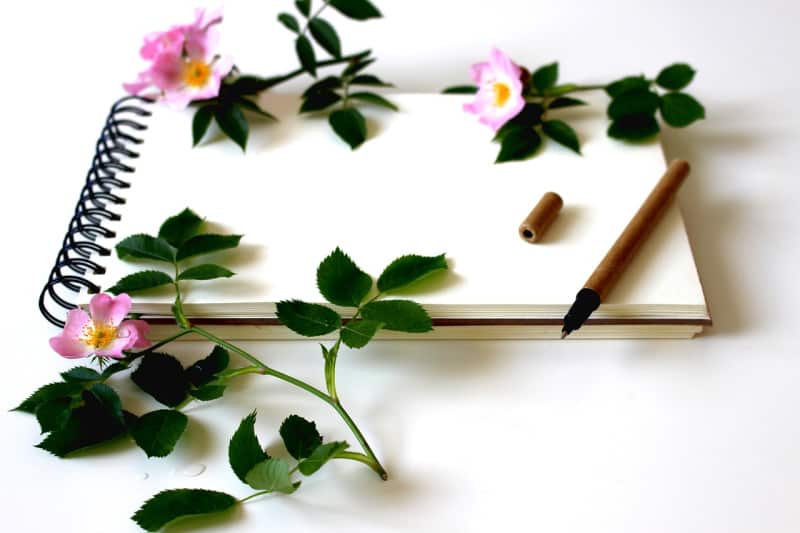 a blank journal and pen with pink flowers and green leaves