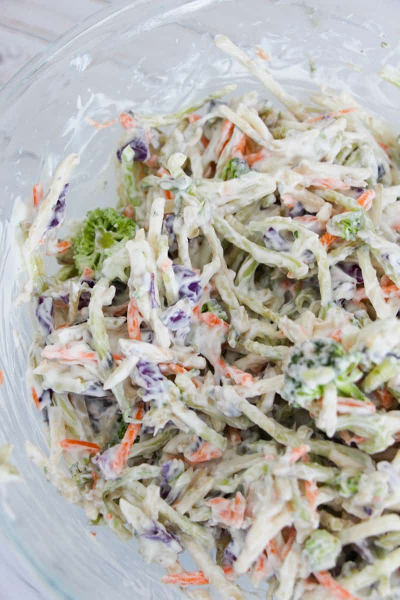 Coleslaw in a clear glass bowl