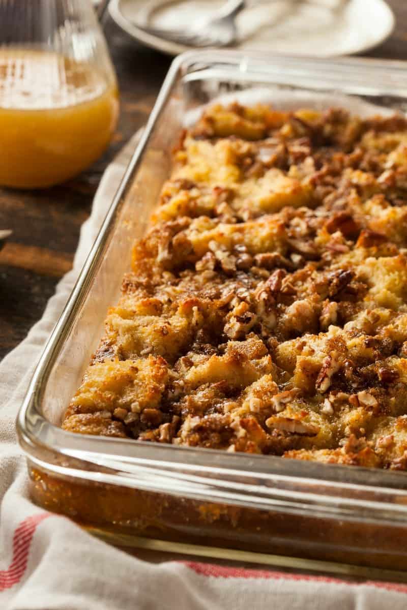 A casserole pan with Bread Pudding with Praline Topping