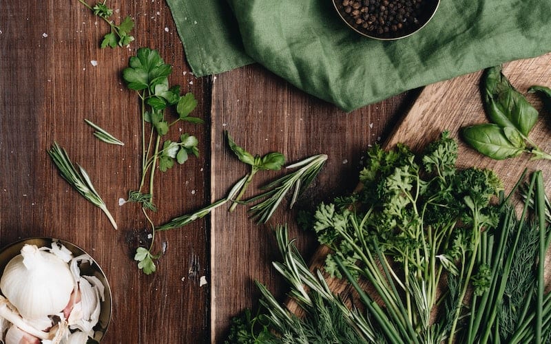 herbs on a cutting board