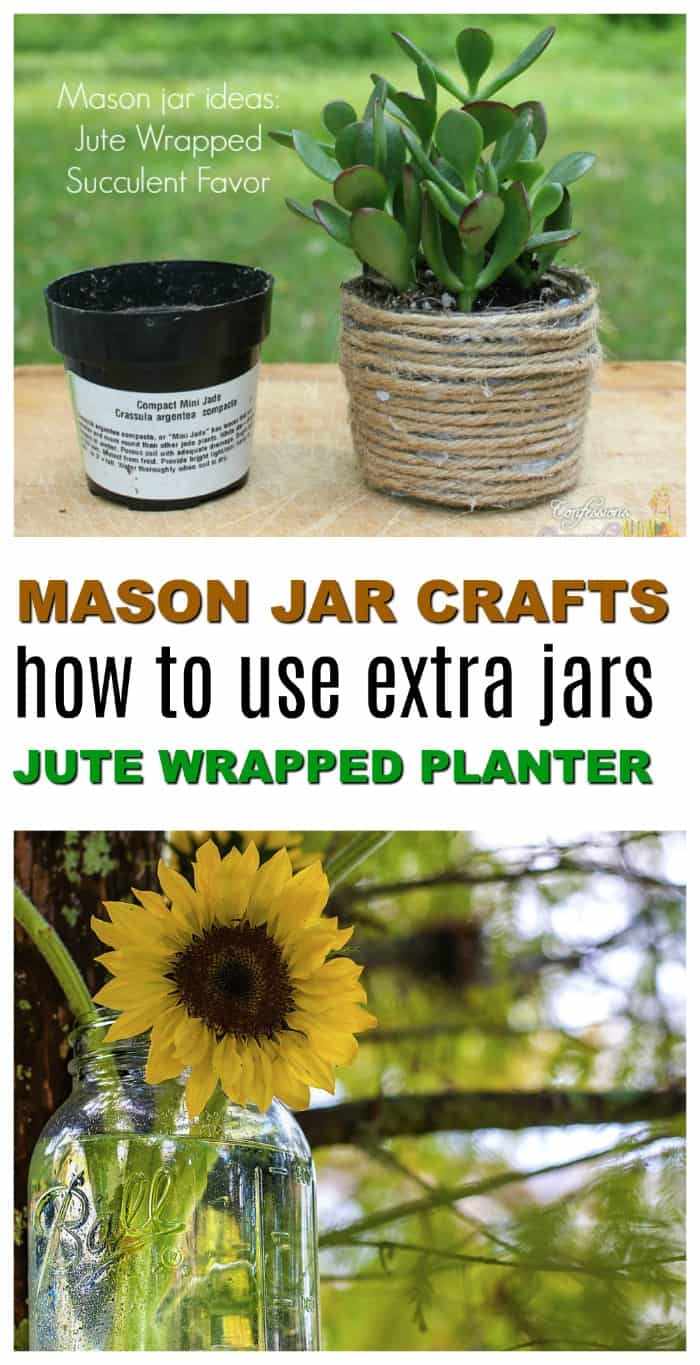 Easy Mason Jar Craft Ideas- Jute Covered Succulents