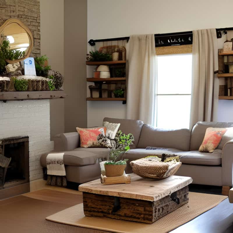 a living room decorated with burlap accessories