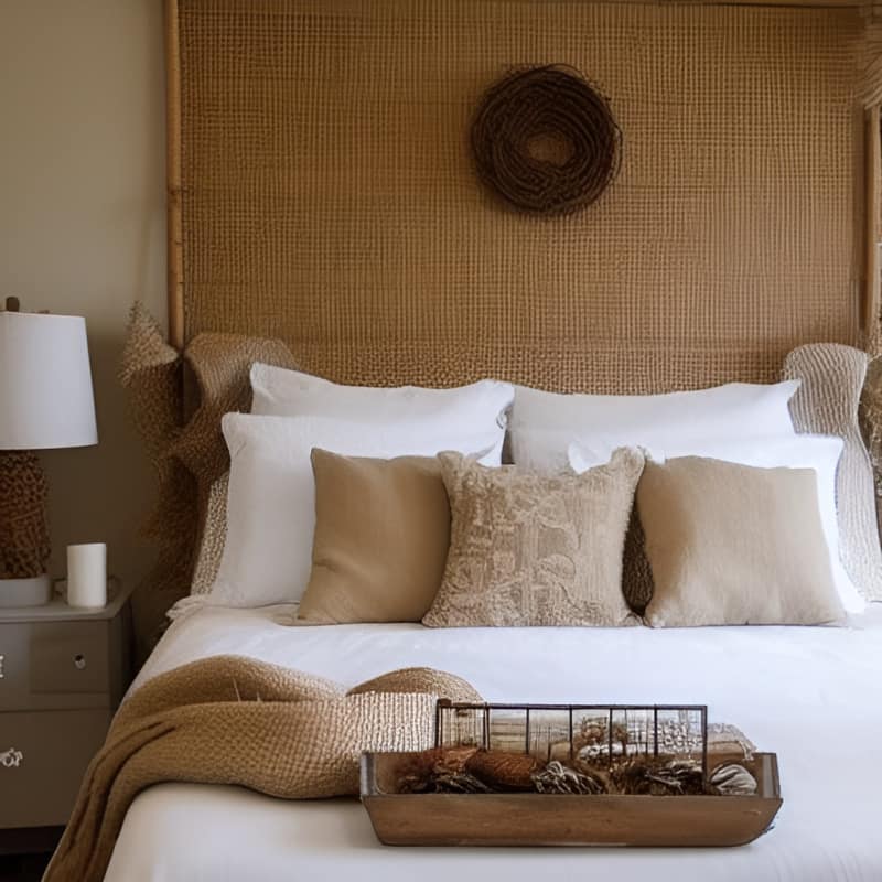 a bed with a white bedspread and burlap pillows
