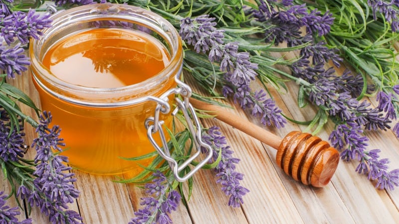 a jar of honey with lavender