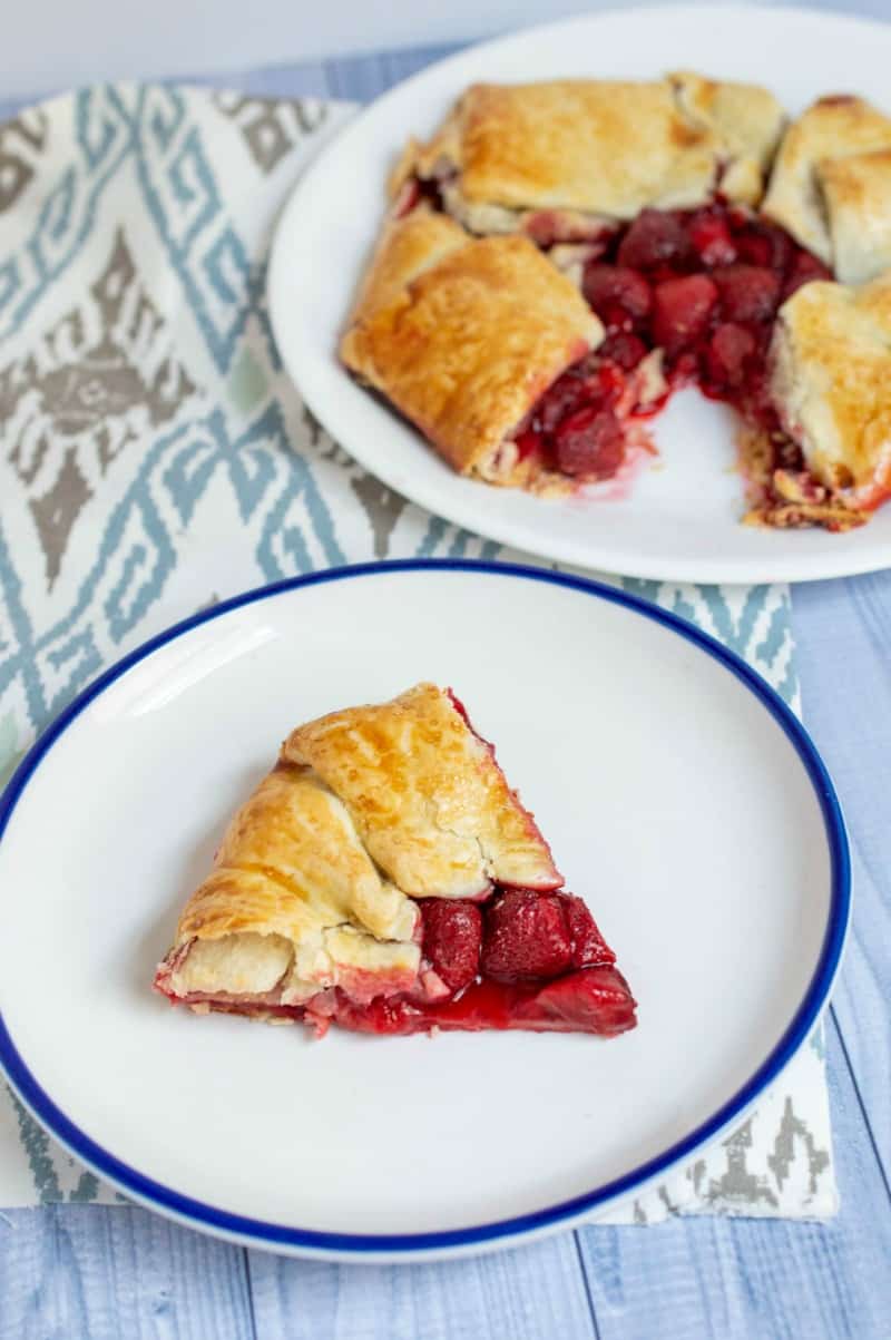 strawberry galette on a blue plat