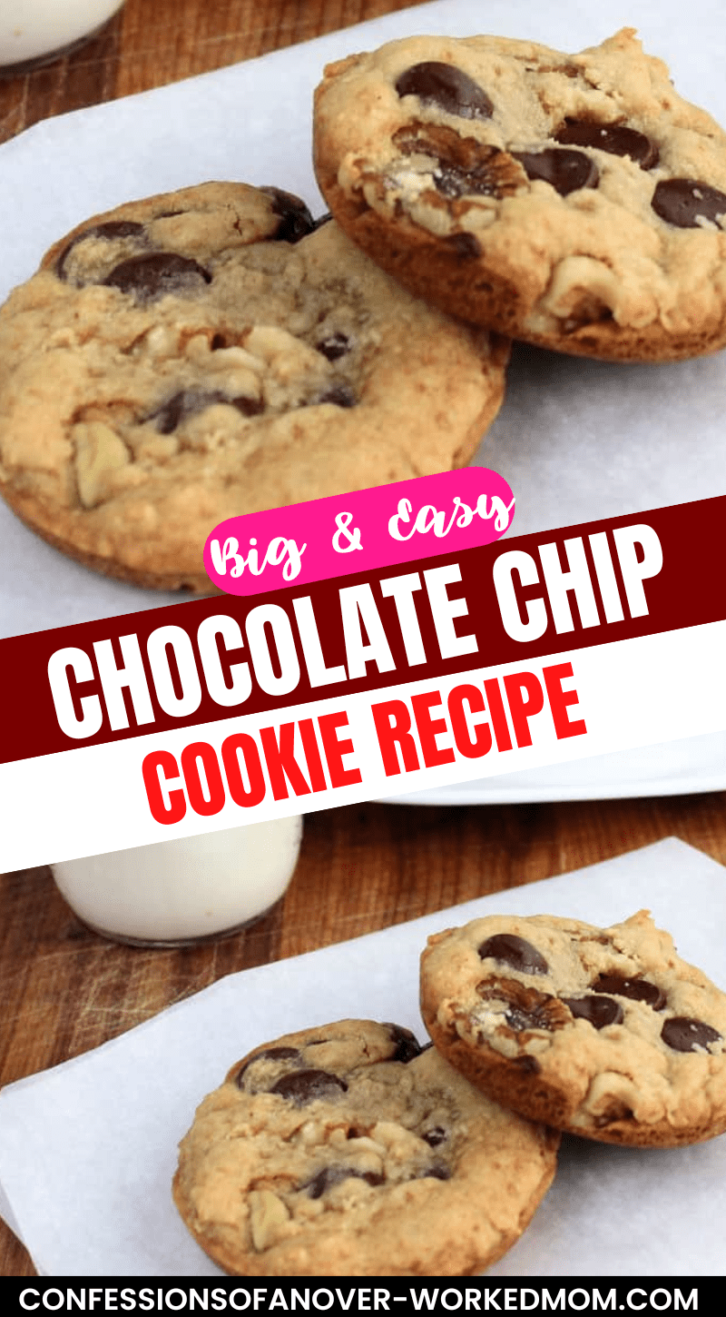 You are going to LOVE this big chocolate chip cookie recipe! My husband is a huge fan of homemade chocolate chip cookies.  And these are his favorites.