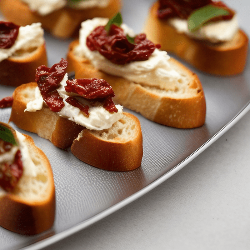 a plate of crostini with sundried tomatoes
