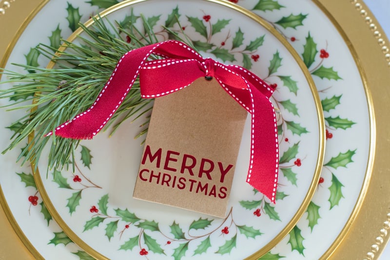 Christmas dishes and a gift tag