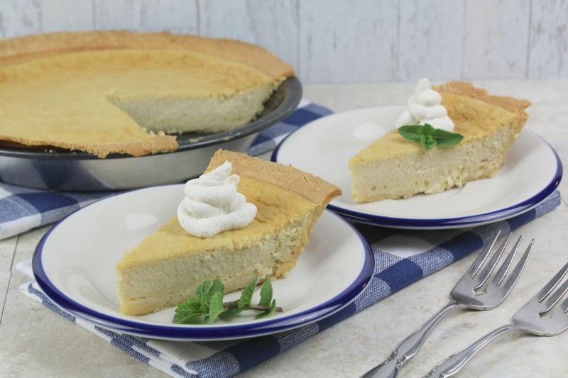 Gluten Free Chess Pie on white and blue plates