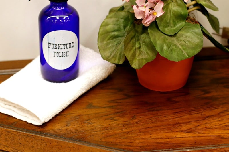 a potted plant and a bottle of furniture spray on a wood table