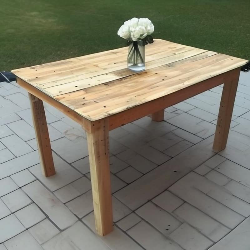 table made from a pallet with a vase of flowers on it