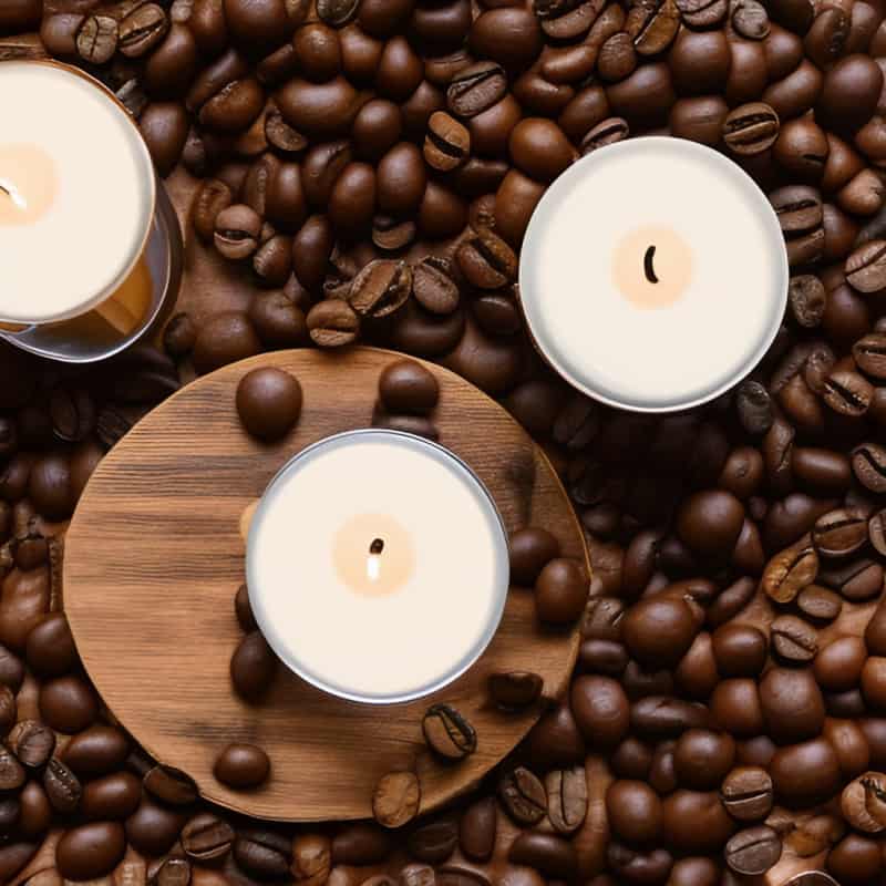tealight candles and coffee beans on a wooden board