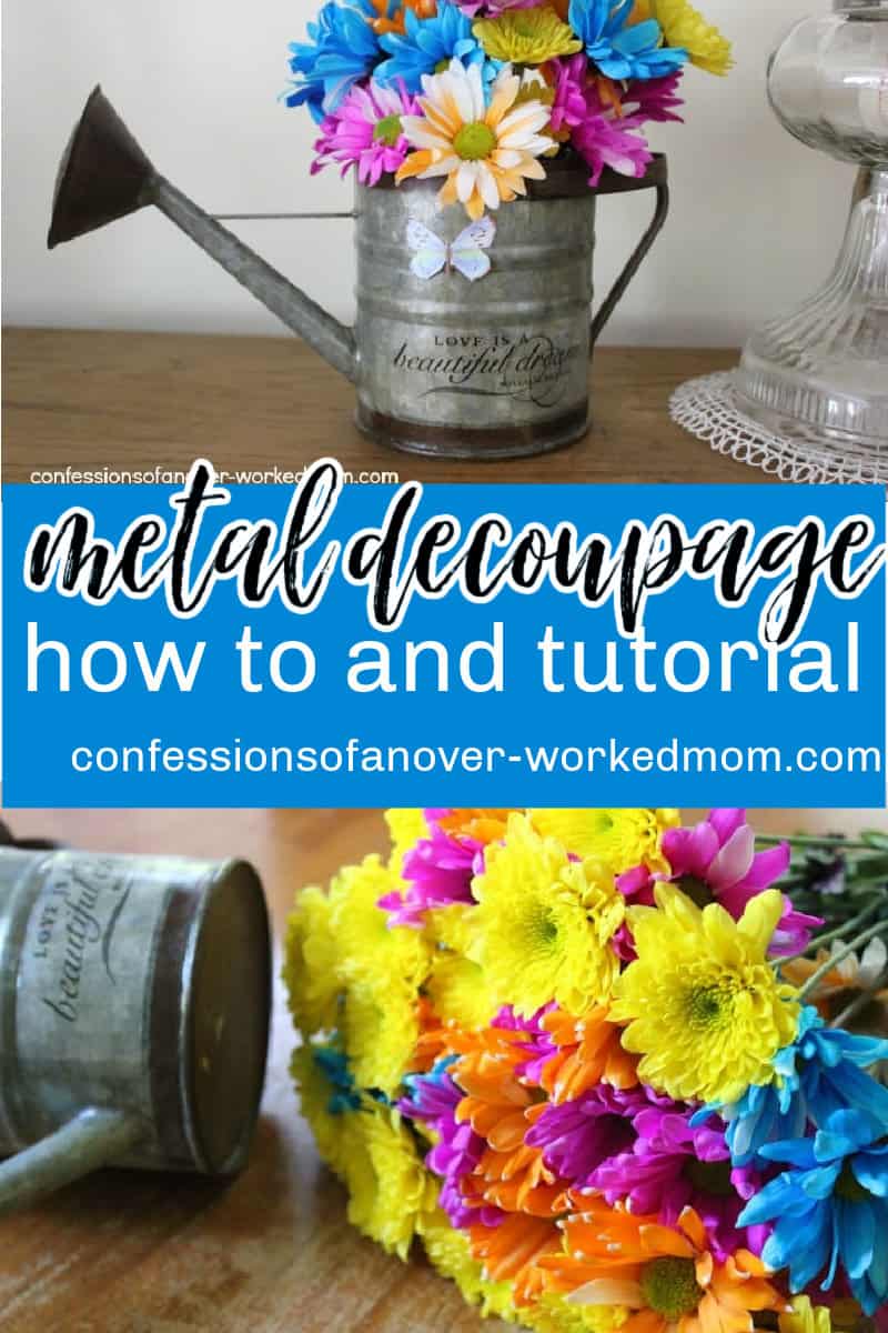 Check out how easy it is to make this decoupaged metal watering can! I decided that I would decoupage a small floral-themed design on the front of the watering can and place a glass Mason jar inside to hold flowers.