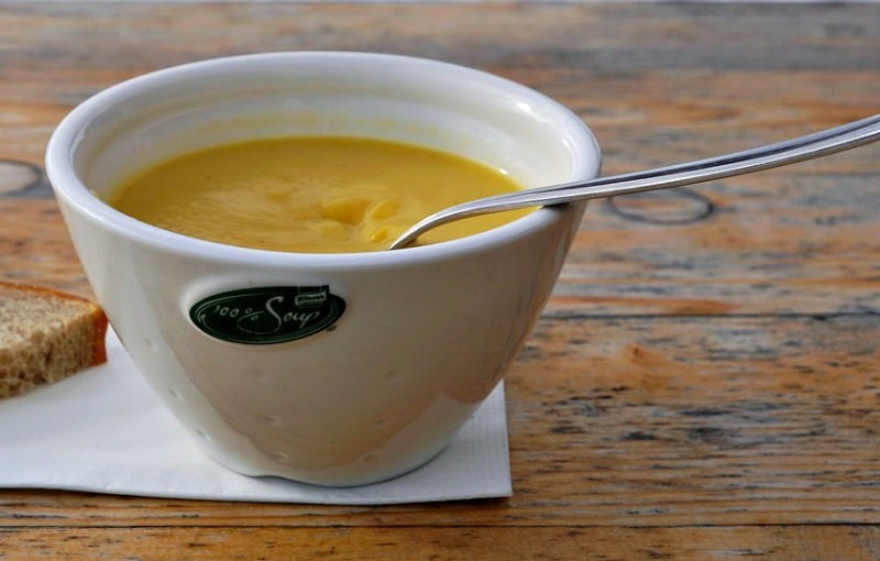 soup in a white bowl with a spoon