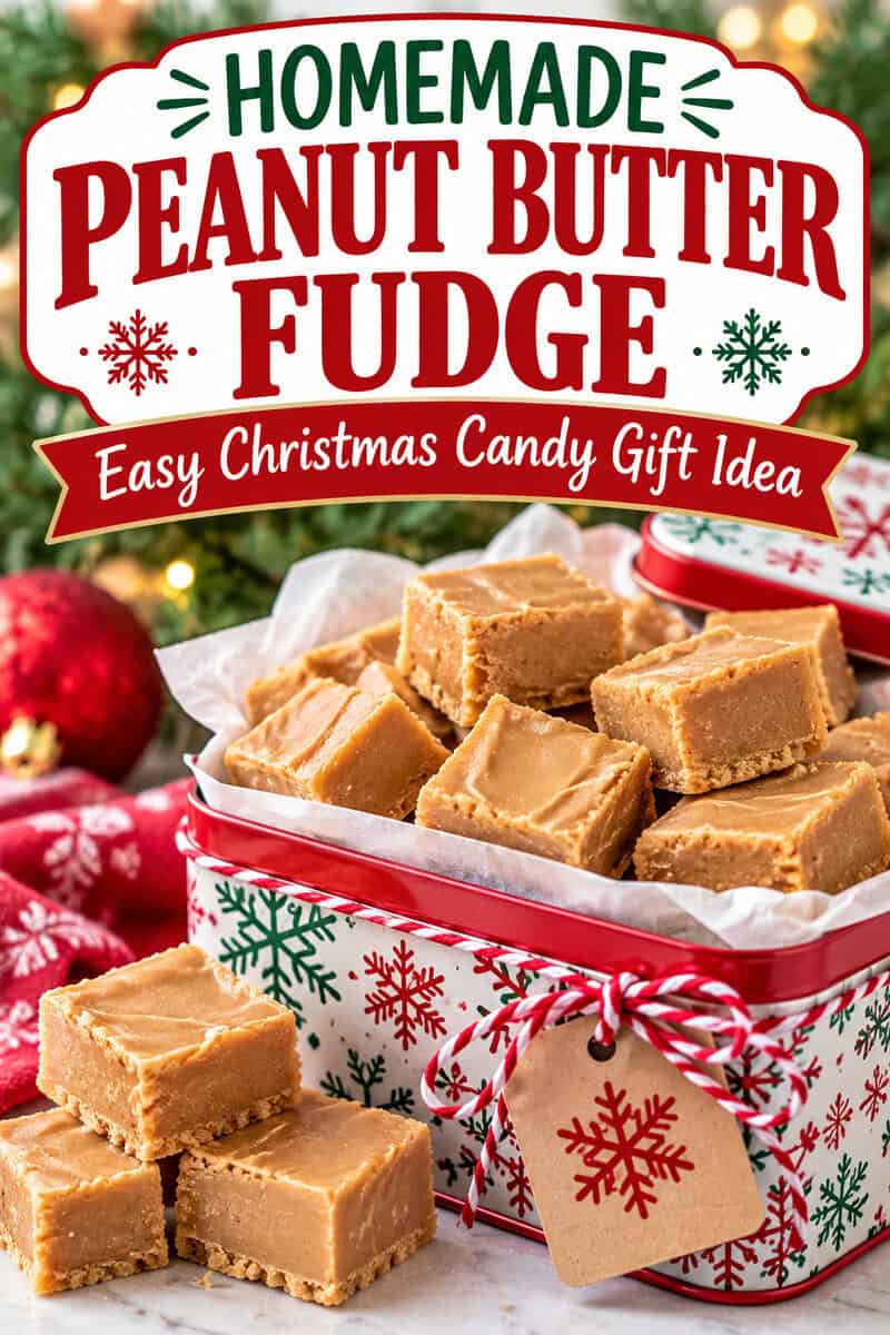 Looking for easy homemade Christmas candy gifts? This creamy peanut butter fudge recipe is perfect for holiday gift giving! Package it in festive tins or boxes for a thoughtful DIY Christmas gift for family, friends, neighbors, and teachers. A delicious addition to Christmas cookie trays and holiday dessert platters, too! Save this easy peanut butter fudge recipe for your holiday baking.