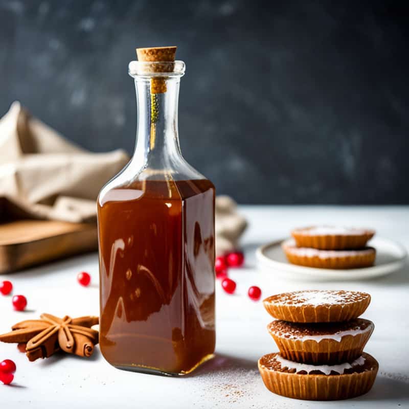 a bottle of homemade gingerbread syrup near a stack of cookies