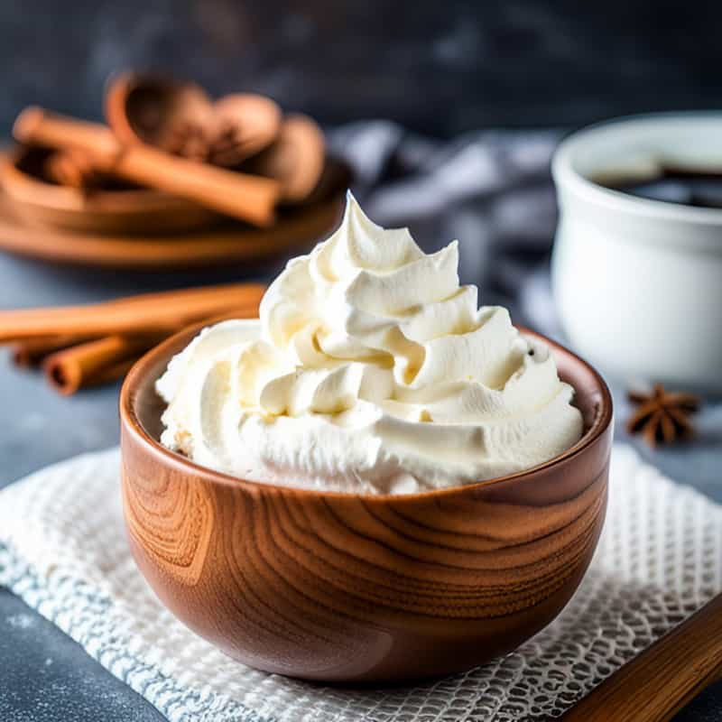 homemade whipped cream in a wooden bowl