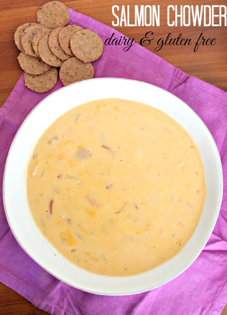 Your family will love this dairy free salmon chowder recipe! #dairyfree #souprecipe #chowderrecipe #meatlessmonday #Lentrecipes