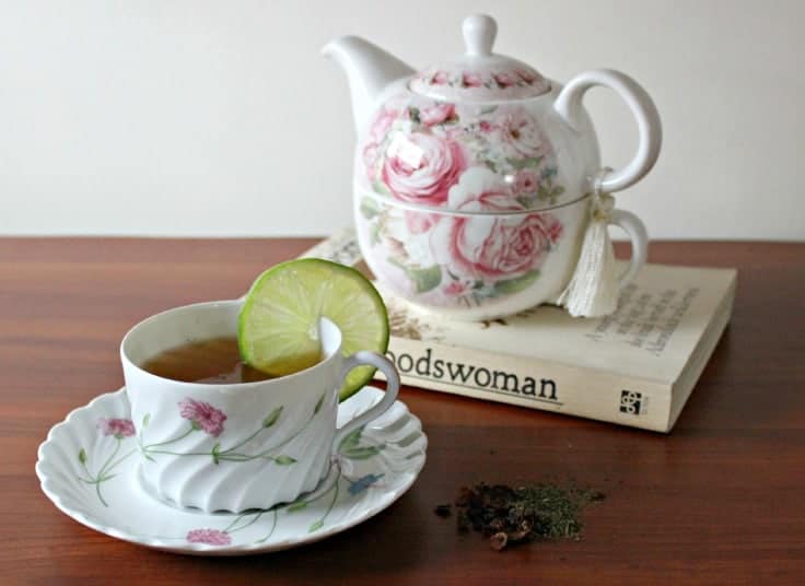Rose hip tea in pretty china cups on a book with herbs