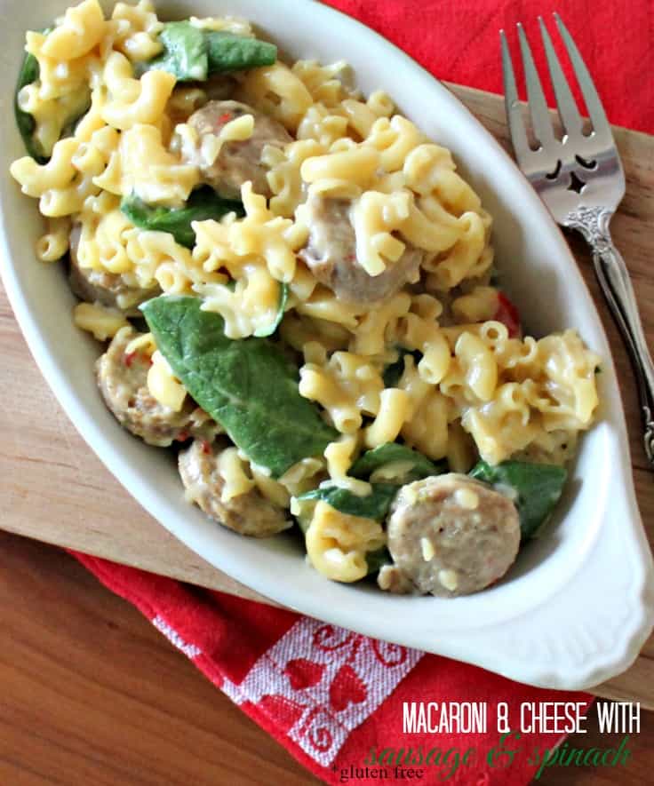 Macaroni and cheese recipe with sausage and spinach - gluten free