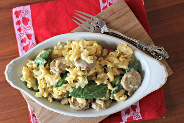 Macaroni and cheese recipe with sausage and spinach