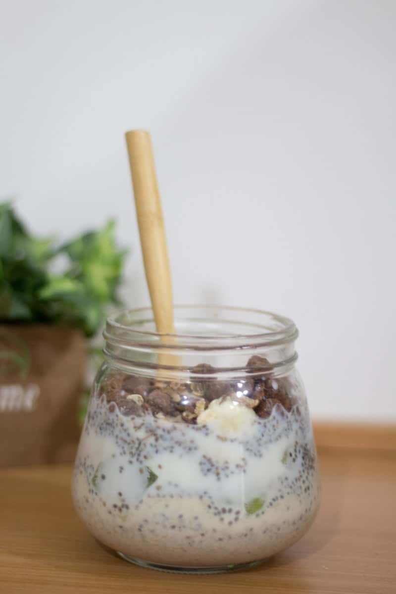 overnight oats with chia seeds in a glass 