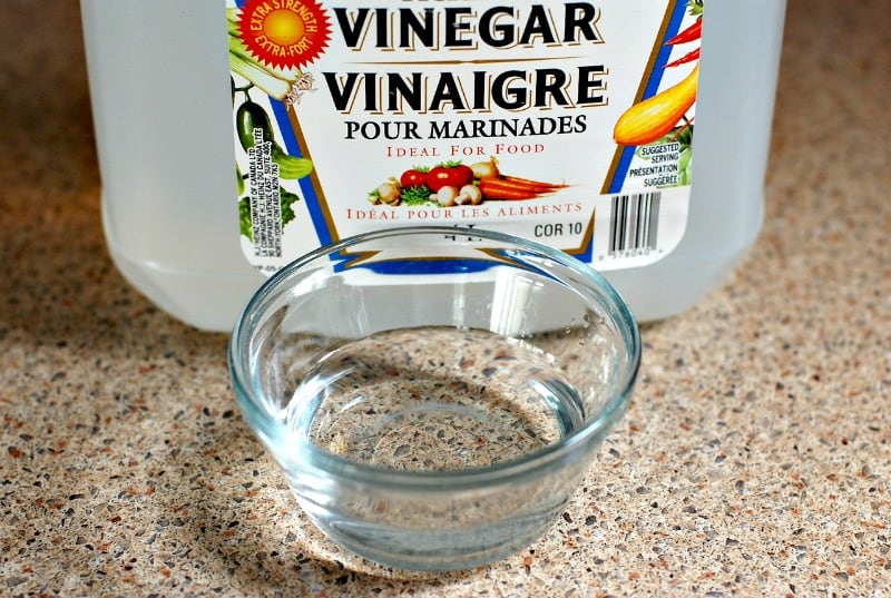 a bottle of vinegar and a small bowl of liquid