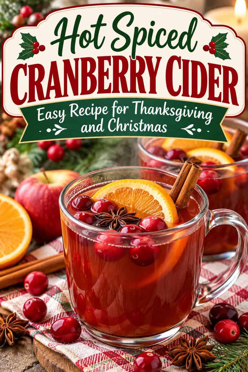 Warm up the holidays with this easy Hot Spiced Cranberry Cider recipe! Made with delicious cranberry flavors and warming spices, this festive holiday drink is perfect for Thanksgiving dinner, Christmas gatherings, and cozy winter evenings. Serve this homemade cranberry cider warm for a comforting seasonal treat your family and guests will love. Save this easy Christmas drink recipe for your holiday celebrations!