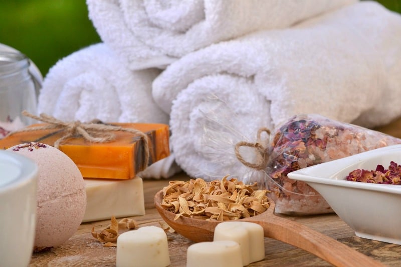 towels, herbs and essential oils