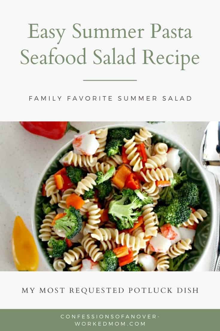 This pasta seafood salad recipe is a family favorite. Make a crab or shrimp and broccoli pasta salad with chunks of fresh garden vegetables.