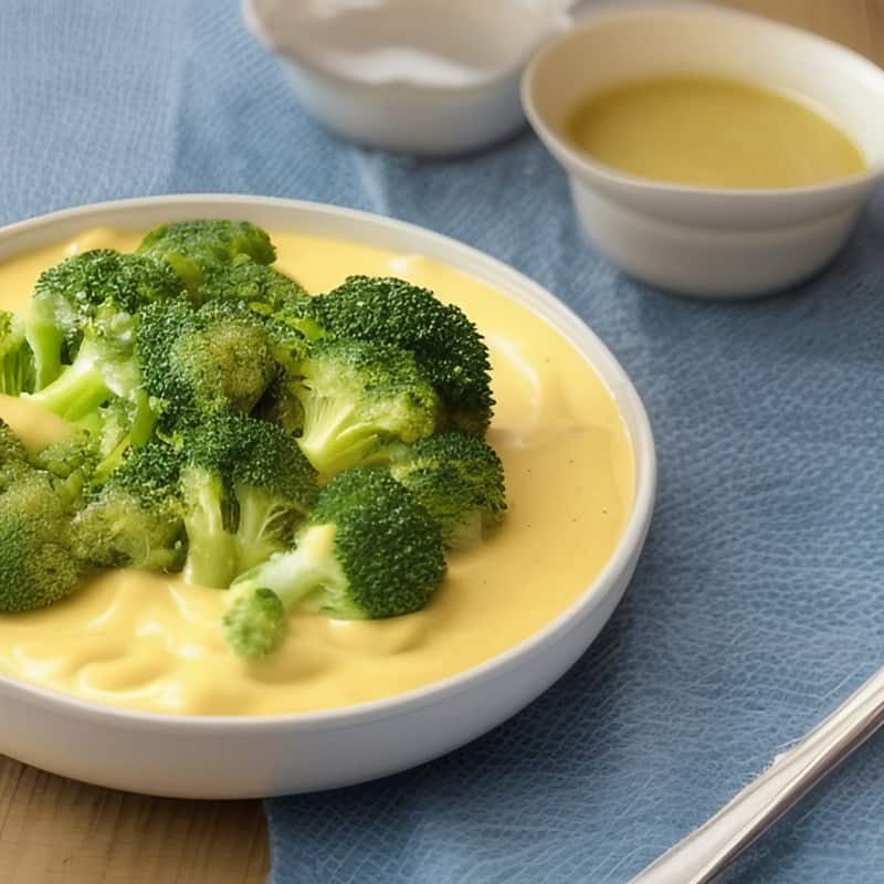 a bowl of broccoli with cheese sauce