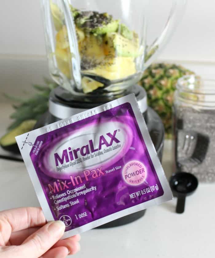 a packet of MiraLax for constipation with smoothie ingredients