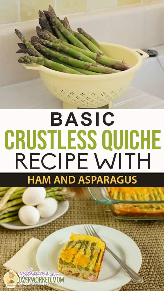 Have you ever made a basic crustless quiche recipe using ham and asparagus before? Now that asparagus is in season and available locally again, it's the perfect time to start using it in a quiche.