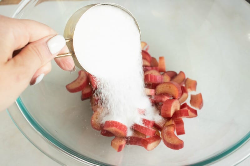 rhubarb and sugar in a bowl