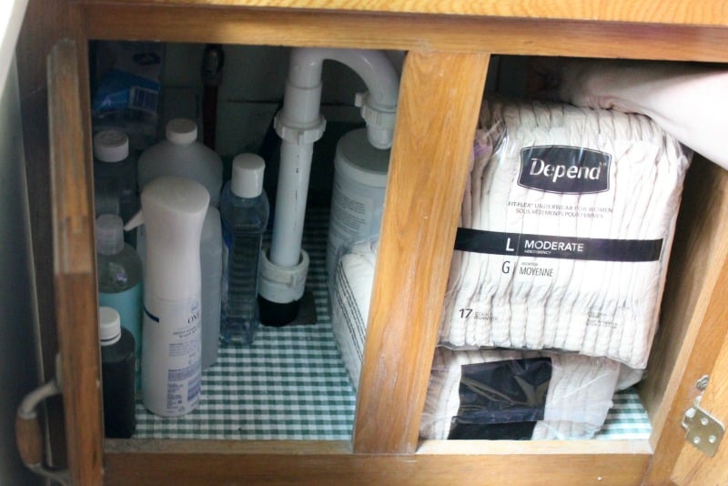 urinary incontinence products in a cabinet